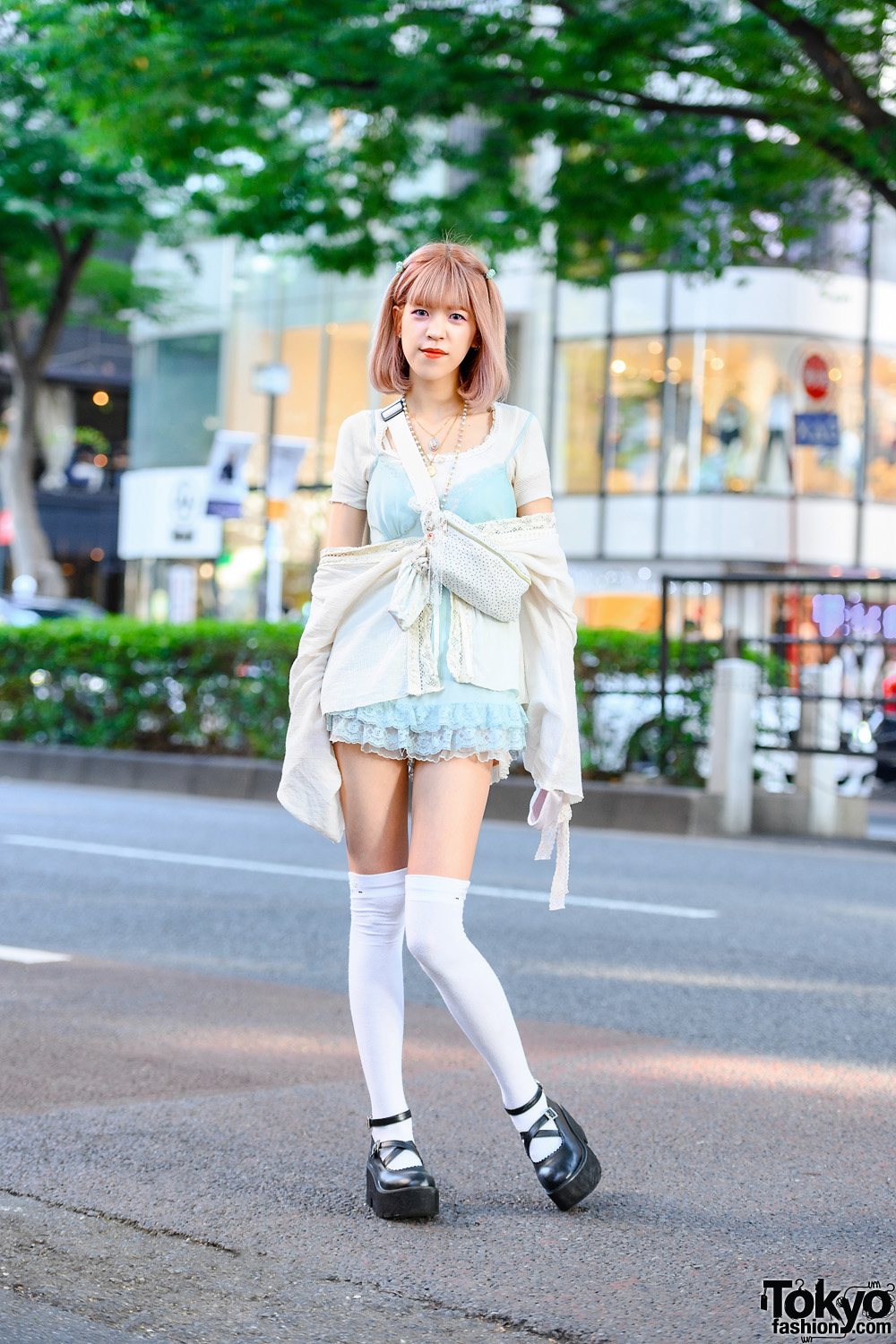 Vintage Pastel Street Style by Parca Silky Designer in Tokyo w/ Pink Hair, Lace Camisole, Lace Shorts, Polka Dot Waist Bag & Baby Doll Shoes