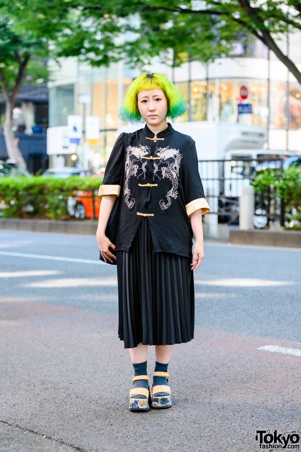 Green-Yellow Hair Harajuku Street Style w/ Dragon Knot Buttons Shirt, Ginga Nagareboshi Gin Bag, Pleated Skirt & Yosuke Platforms