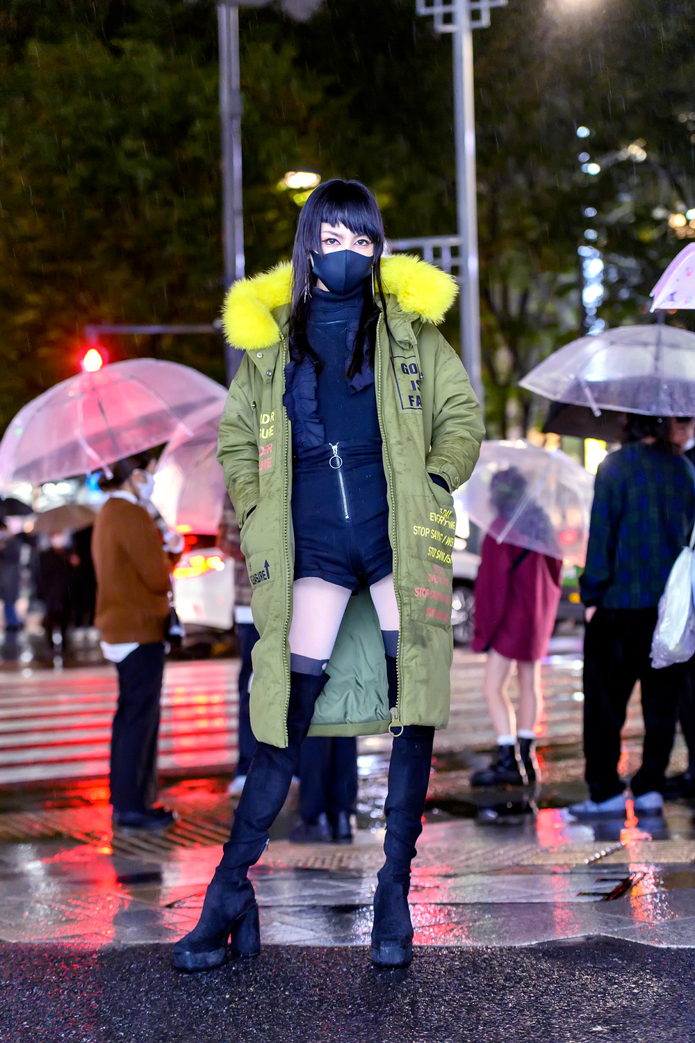 Harajuku Girl in The Rain w/ Clear Umbrella, Face Mask, Green Coat, LV Bag & Over The Knee Boots