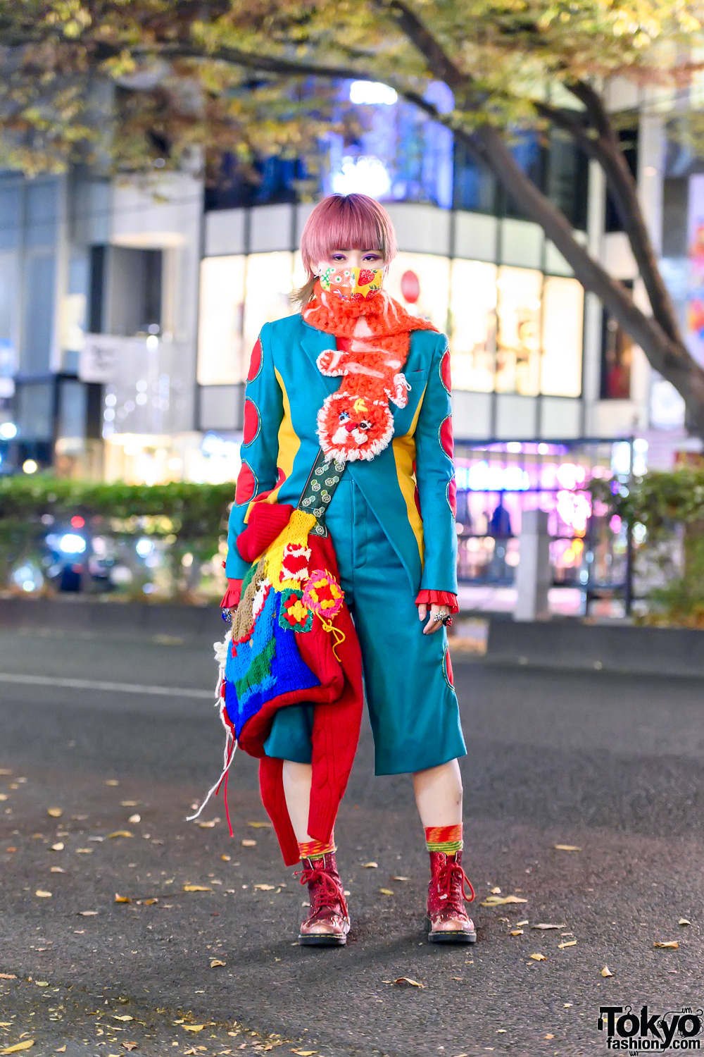 Handmade Knitwear Harajuku Street Style w/ Cutout Suit, Knit Muffler, Knit Bag & Dr. Martens
