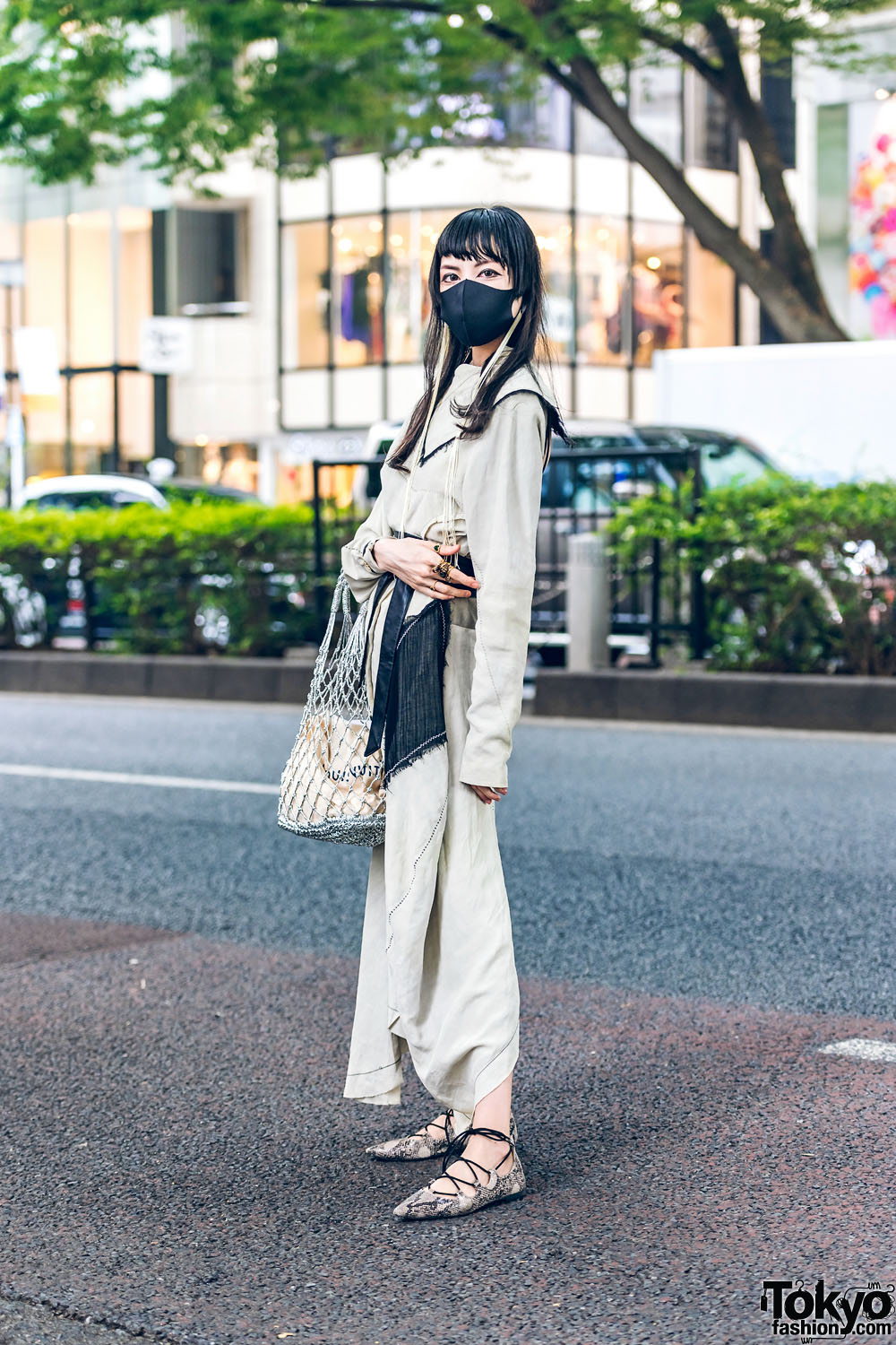 Monochrome Street Style in Tokyo w/ Long Fringe Earrings, Acne Studios Dress, Louis Vuitton, Gucci, Net Bag & Pointy Snakeskin Pumps