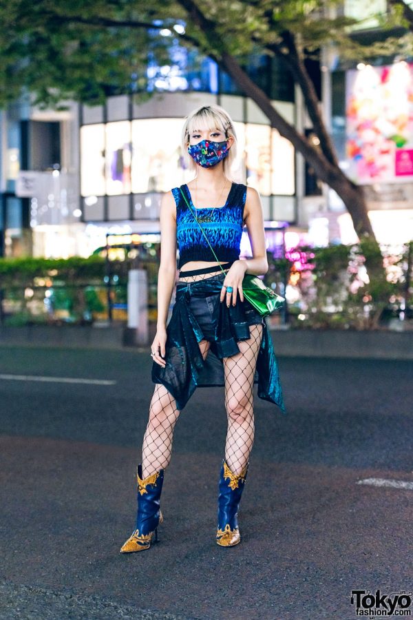 Harajuku Street Style w/ Bluesis Crop Top, Scarf Skirt Over Shorts, Fishnets, Tender Person & Yello Cowboy Boots