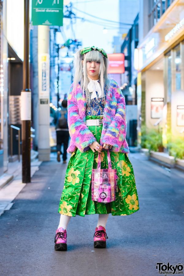 Colorful Kawaii Harajuku Street Style w/ Ash Grey Twin Tails, ACDC Rag Furry Jacket, Romantic Standard, Spinns, Floral Print, Decotoland, Yuriko Eto Tote & WC Dragon Shoes