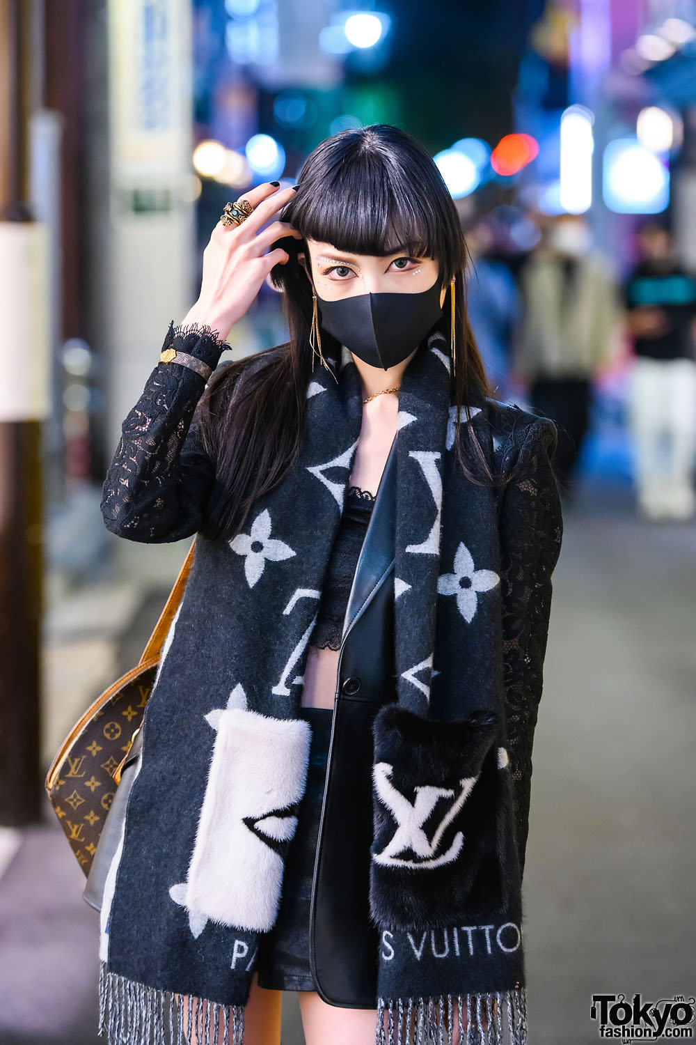 Chic LV Tokyo Street Style w/ Rhinestone Makeup, Gucci Snake Head