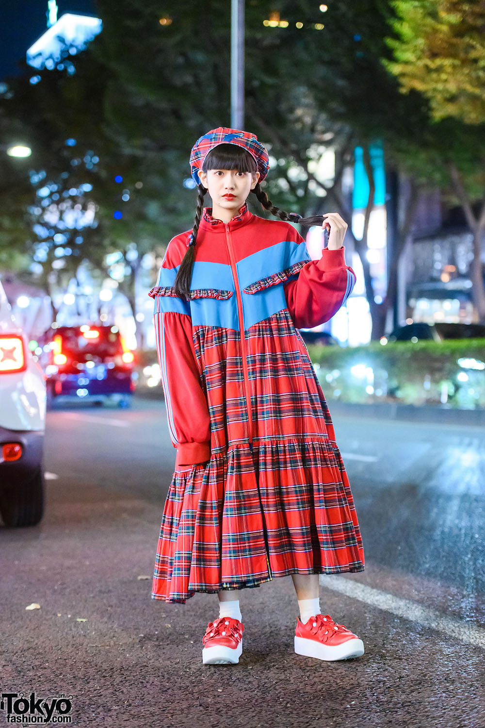 HEIHEI Red Plaid Dress & Braided Twin Tails in Harajuku w/ HEIHEI Beret & Tokyo Bopper Floral Shoes