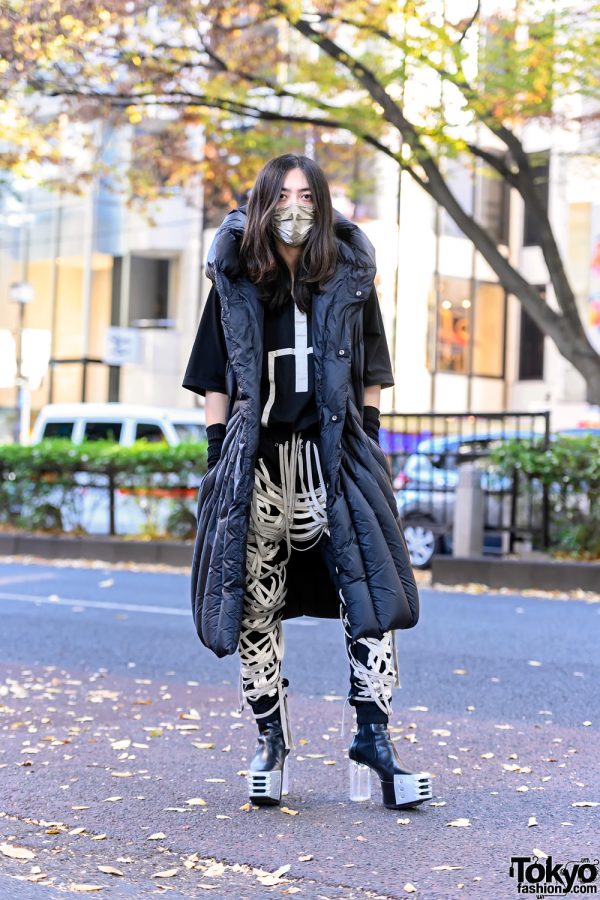 Rick Owens Street Style in Tokyo w/ Moncler Hooded Puffer Coat, Lace-Up Pants & Platform Heeled Boots