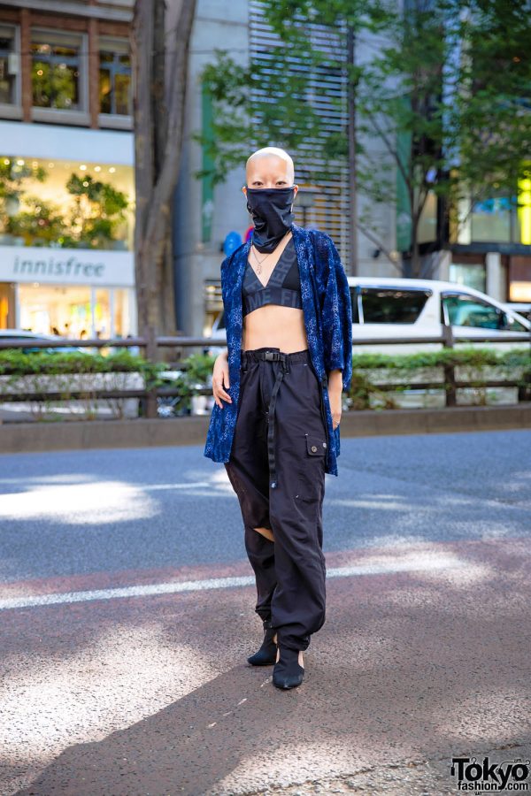 Tokyo Kimono Street Style by Shaved Head Female Japanese Model w/ Face Mask, Honwaka, Parachute Pants & Cutout Booties