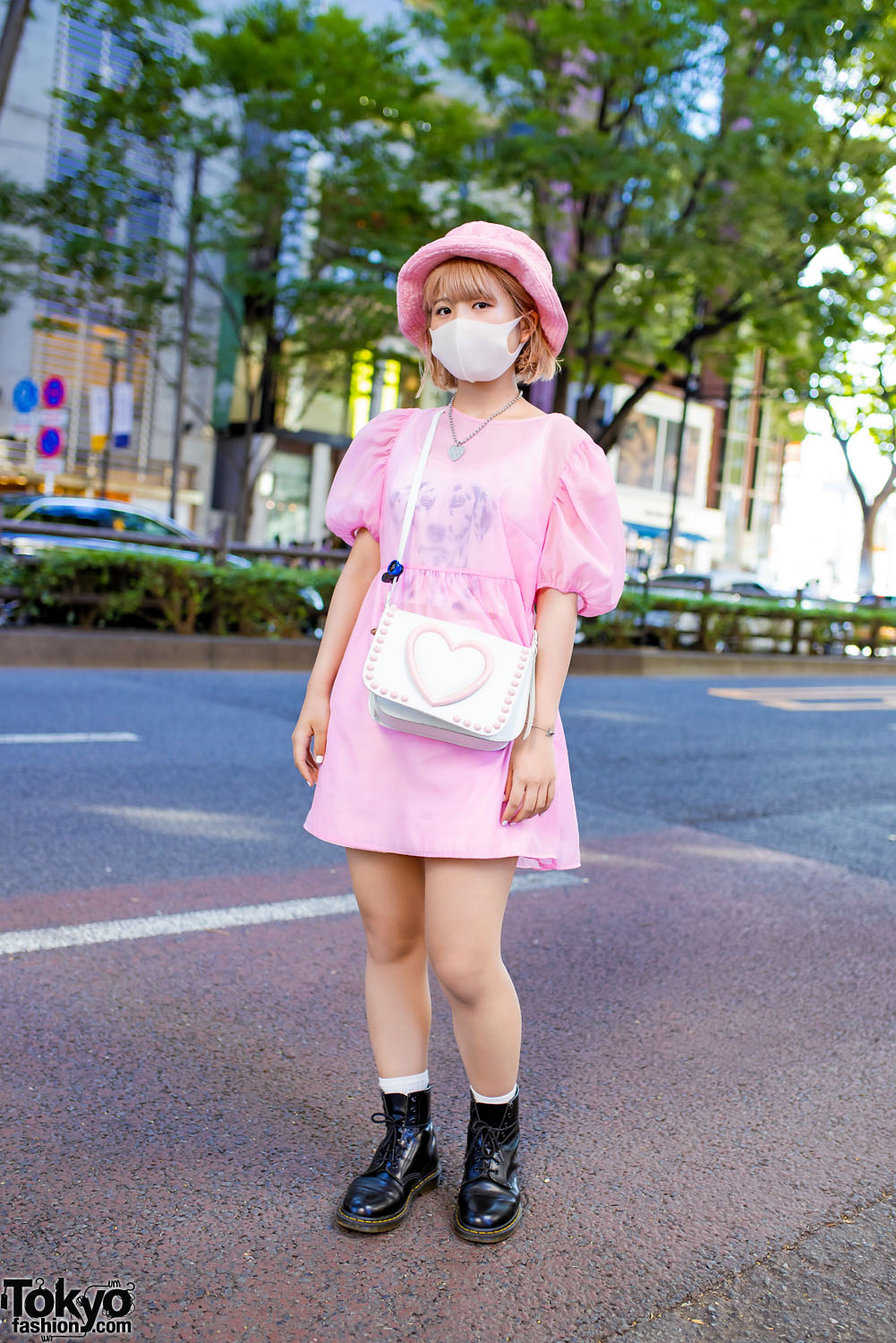 Cute Pink Harajuku Street Style w/ iGirl Heart Necklace, Milk Furry Hat,  Sheer Dress, Dalmatian Top, Tokyo Bopper Heart Bag & Dr. Martens Boots