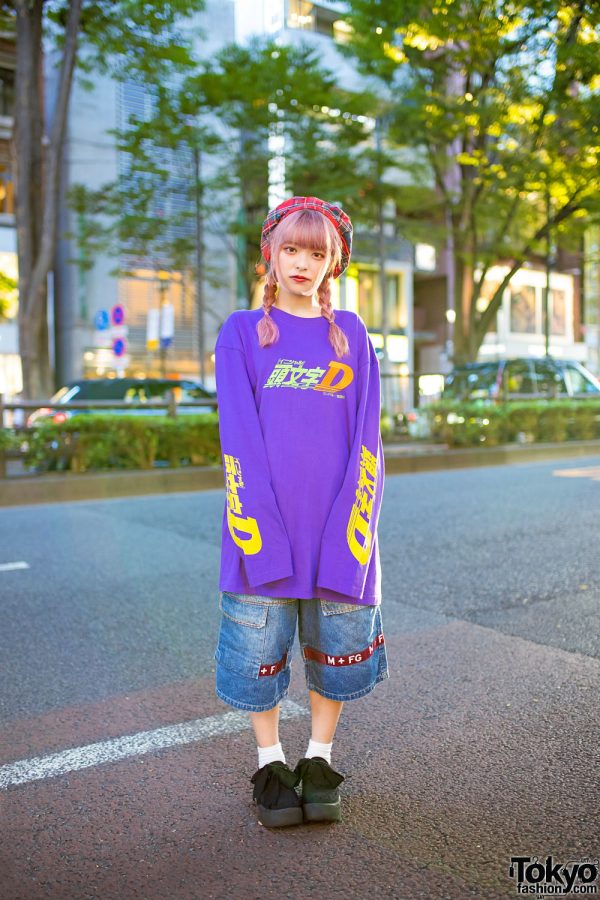 HEIHEI x Initial D Harajuku Street Style w/ Plaid Beret, Initial D Sweatshirt, Marithe + Francois Girbaud Denim Shorts & Tokyo Bopper Bow Shoes