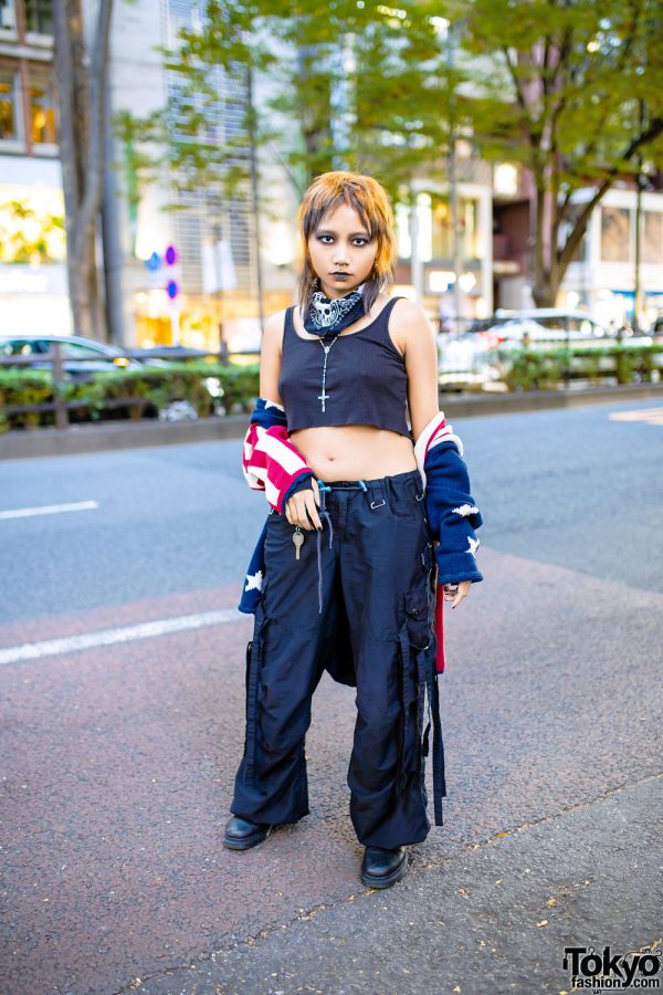Harajuku Street Style w/ Two-Tone Hair, Septum Ring, American Flag Cardigan, Crop Top, Illig Strap Pants Dr. Martens Boots