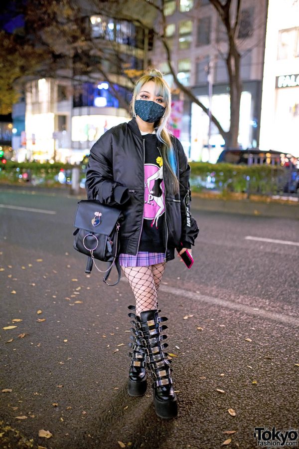 Female Japanese Rock Guitarist in Harajuku w/ Kawi Jamele Bomber Jacket, Nyulycadelic & Tall Demonia Buckle Boots