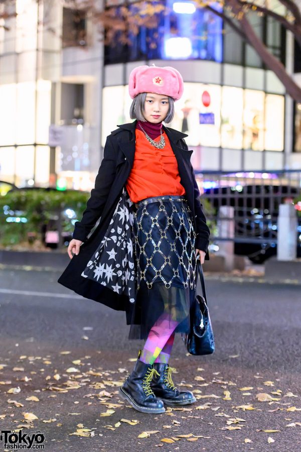 Japanese Student in Faux Fur Winter Hat, Vintage Cage Skirt, Vivienne Westwood & Dr. Martens