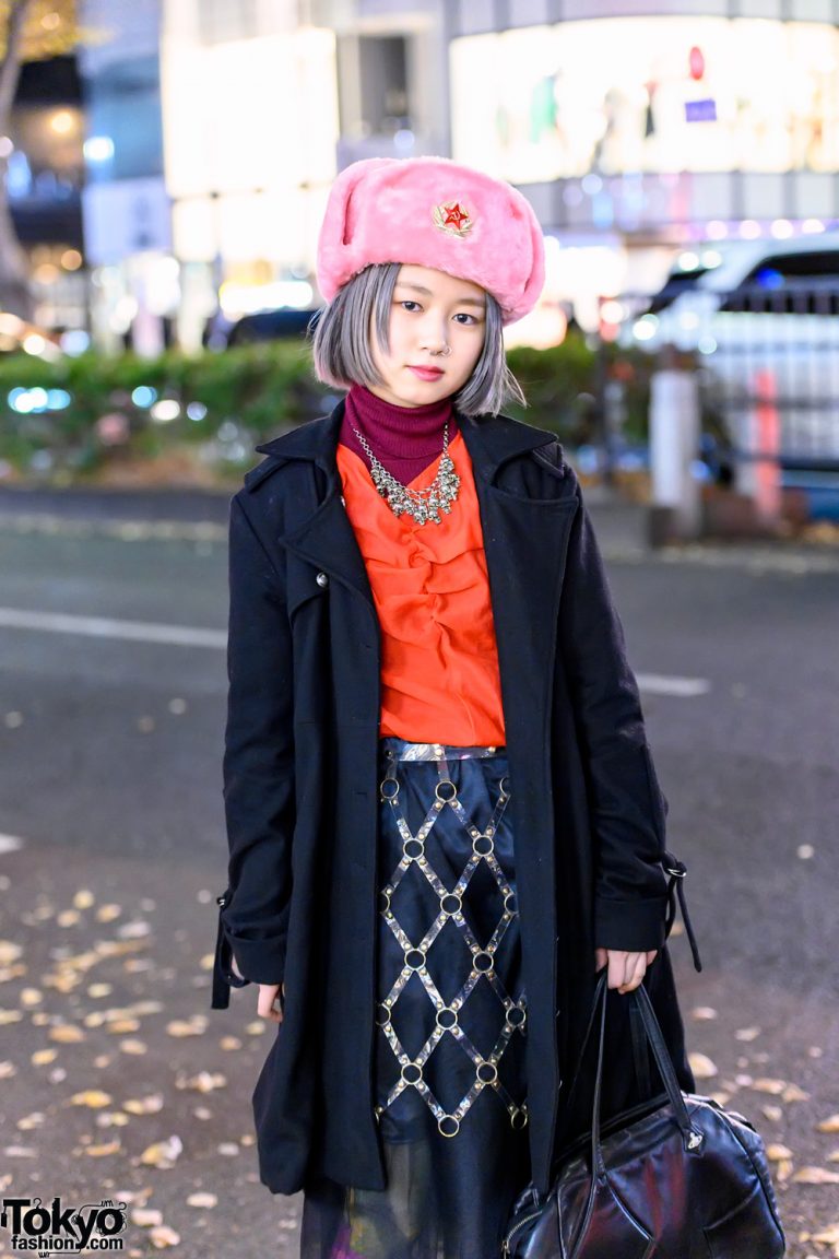 Japanese Student in Faux Fur Winter Hat, Vintage Cage Skirt, Vivienne ...