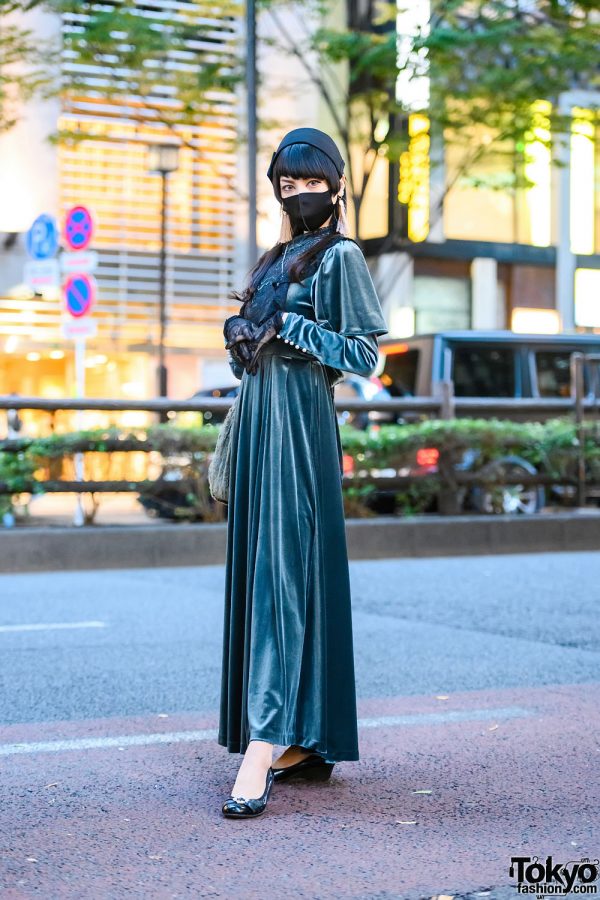 Pameo Pose Japan Green Velvet Dress w/ Pillbox Hat, Lace Gloves, Snidel Furry Bag, Tassel Earrings, Cross Necklace & Low Wedge Shoes