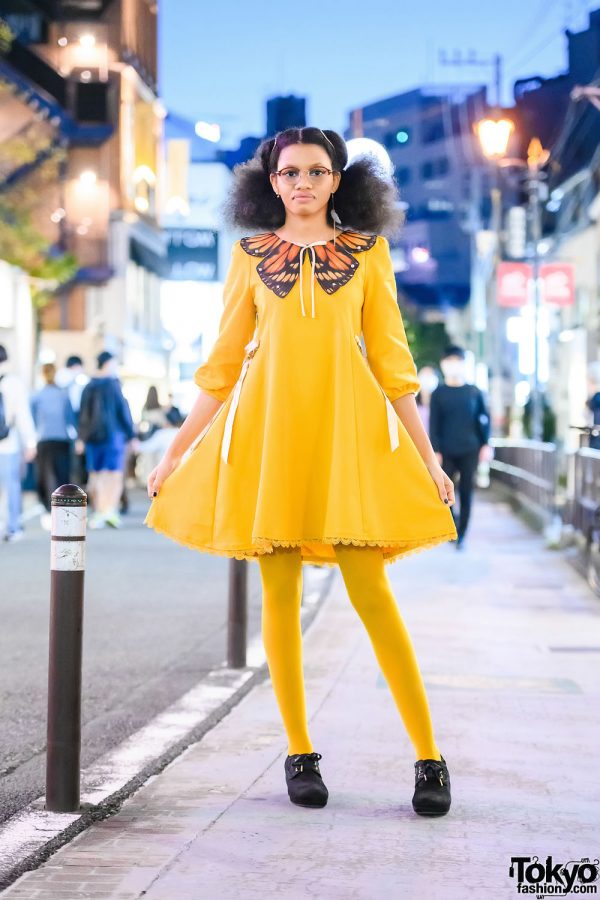 Tokyo-Based Model in Harajuku w/ Youlanda Butterfly Dress, Mustard Yellow Tights & Coche et Coche Ankle Booties