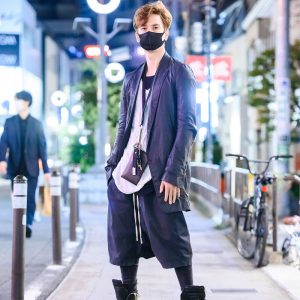 Rick Owens Monochrome Tokyo Street Style w/ Face Mask, Neck Wallet, Twice Keychain, Layered Shirts & Suede High Top Sneakers