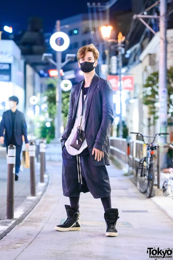 Rick Owens Monochrome Tokyo Street Style w/ Face Mask, Neck Wallet, Twice Keychain, Layered Shirts & Suede High Top Sneakers