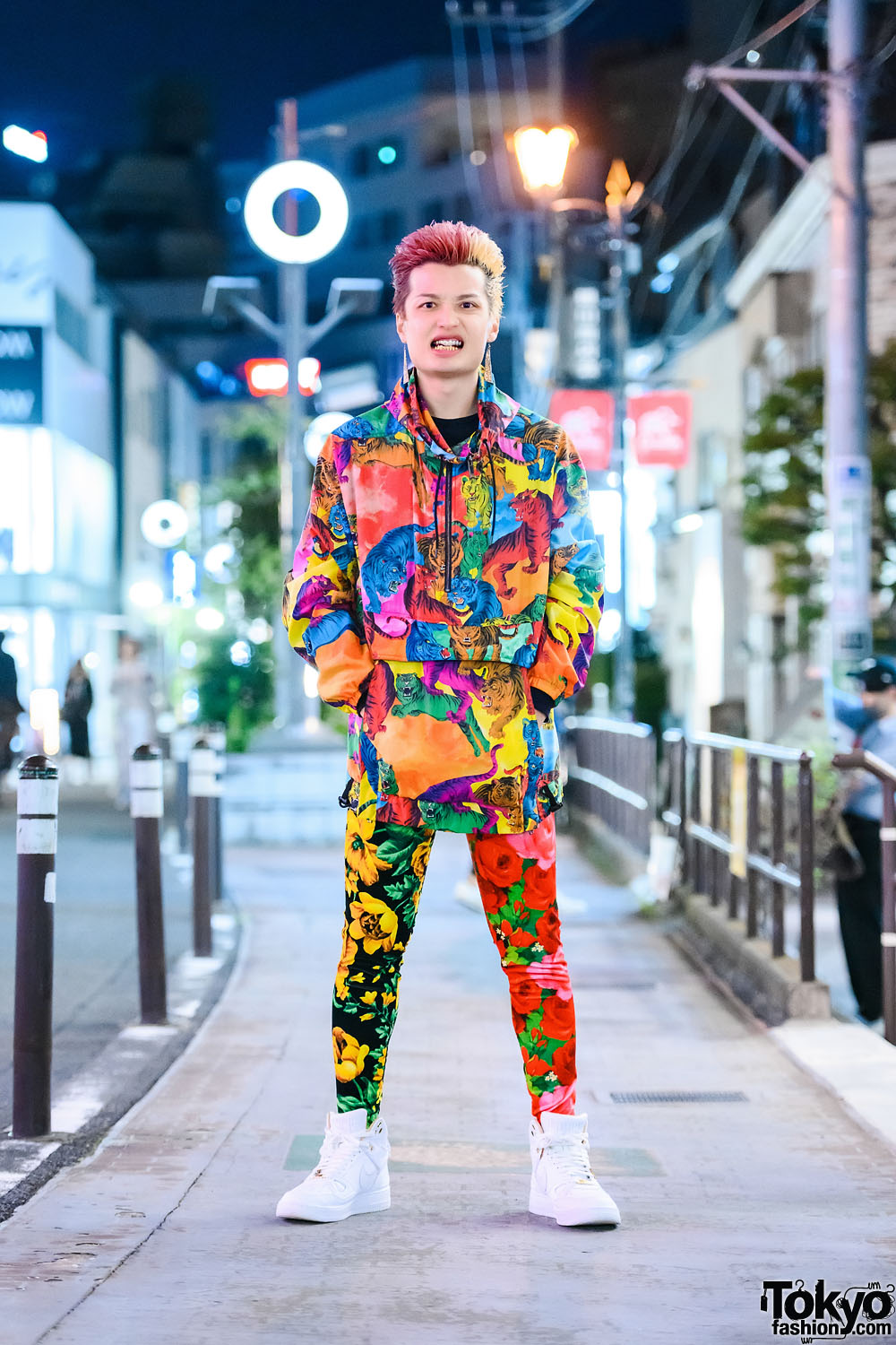 Colorful Print on Print Menswear Tokyo Street Style w/ Two-Tone Hair, Valentino Tiger Jacket, Richard Quinn Floral Print Tights & Nike Sneakers