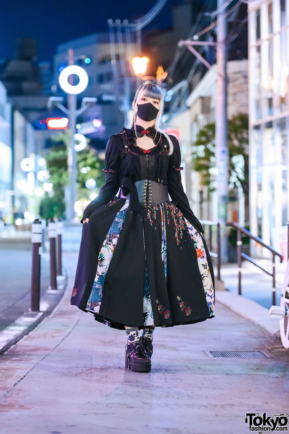 Gothic Tokyo Street Style w/ OzzOn Floral Panel Bow Skirt, Corset & Yosuke Platform Boots