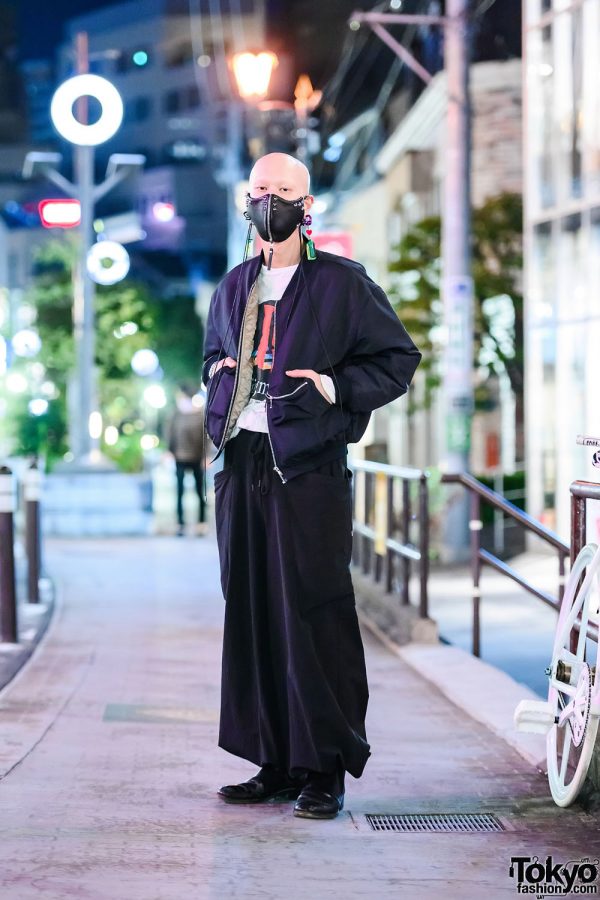 Monochrome Japanese Streetwear Style w/ Industrial Piercings, De Outsider Studded Leather Mask, Liebherr Earrings, Michiko Koshino Bomber Jacket, Depression Pants & Loake Boots