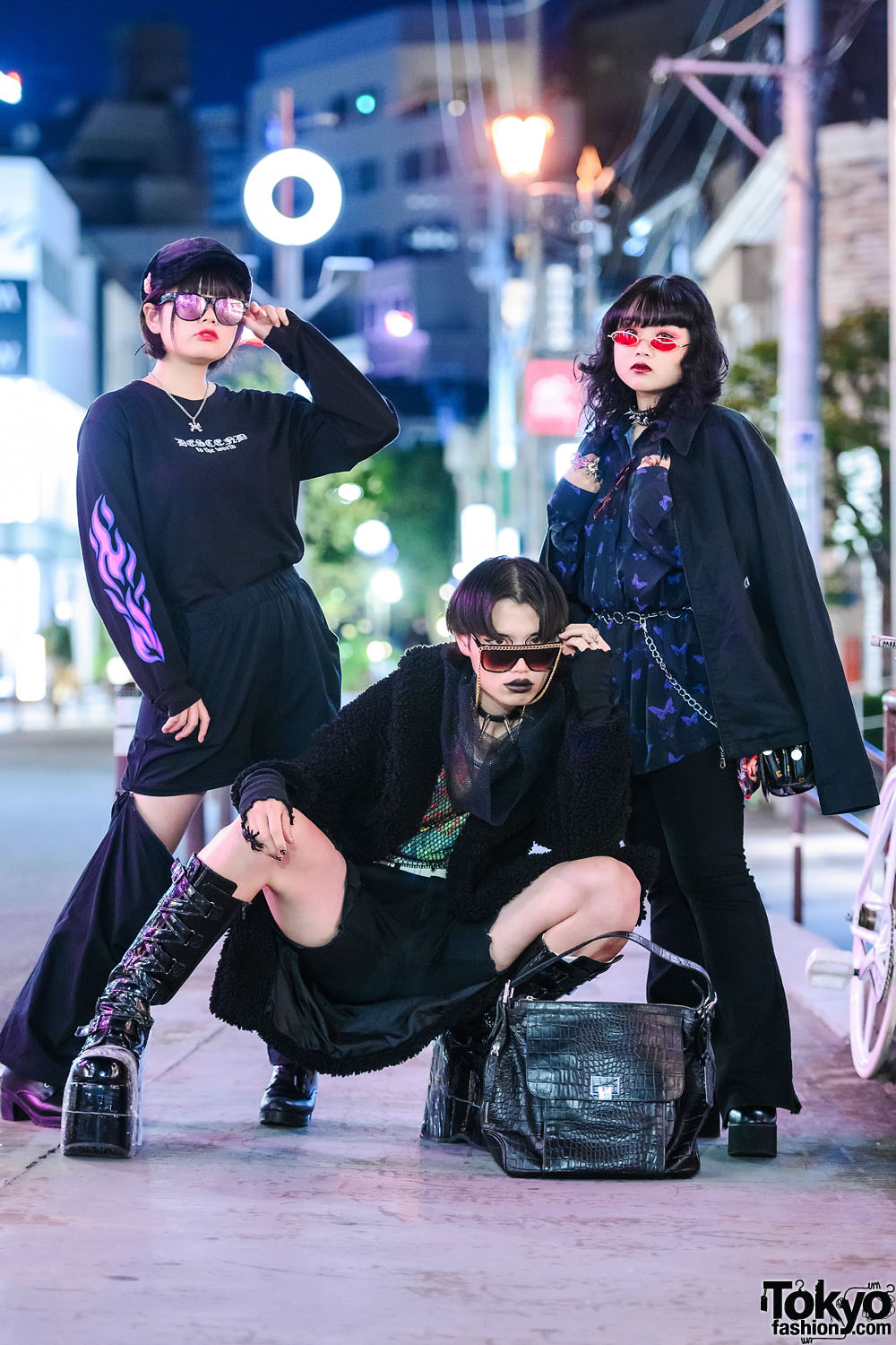 Japanese Trio's Dark Harajuku Street Styles w/ Vampire Fangs, Spiked Chokers, Spider Ring, Azul by Moussy, Pink Latte, WEGO, Le Tanneur, Anap & Demonia Tall Boots