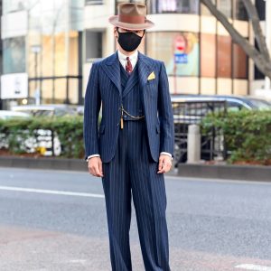 Bespoke 1930s Pinstripe Suit by Old Hat Tokyo, Pocket Watch, and Dress Shoes in Harajuku
