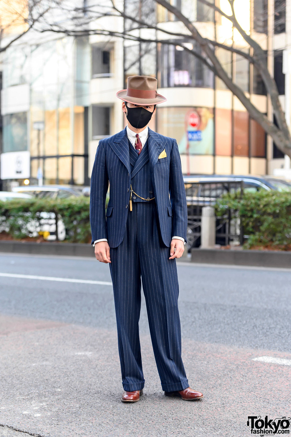 Bespoke 1930s Pinstripe Suit by Old Hat Tokyo, Pocket Watch, and Dress Shoes in Harajuku