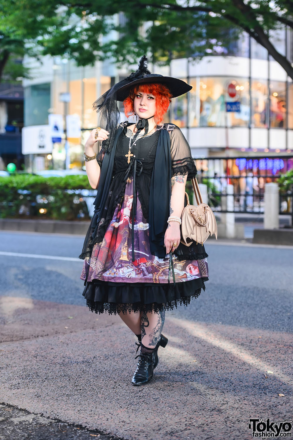 Brazilian Tattoo Artist in Gothic Harajuku Street Style w/ Medusa Piercing, Cameo Jewelry, Graphic Dress, Alice and the Pirates, Angelic Pretty, Winged Heart Bag & Boots