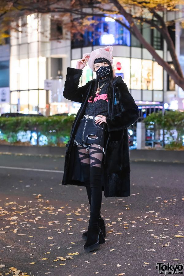 Japanese Student In Fuzzy Cat Ear Hat w/ Comme Ca Du Mode Coat, Lily Brown Mock Neck, Spiral Girl Denim Shorts, Vivienne Westwood Belt, Louis Vuitton Scarf, Gucci, Milk Accessories & Mouse Thigh-High Boots