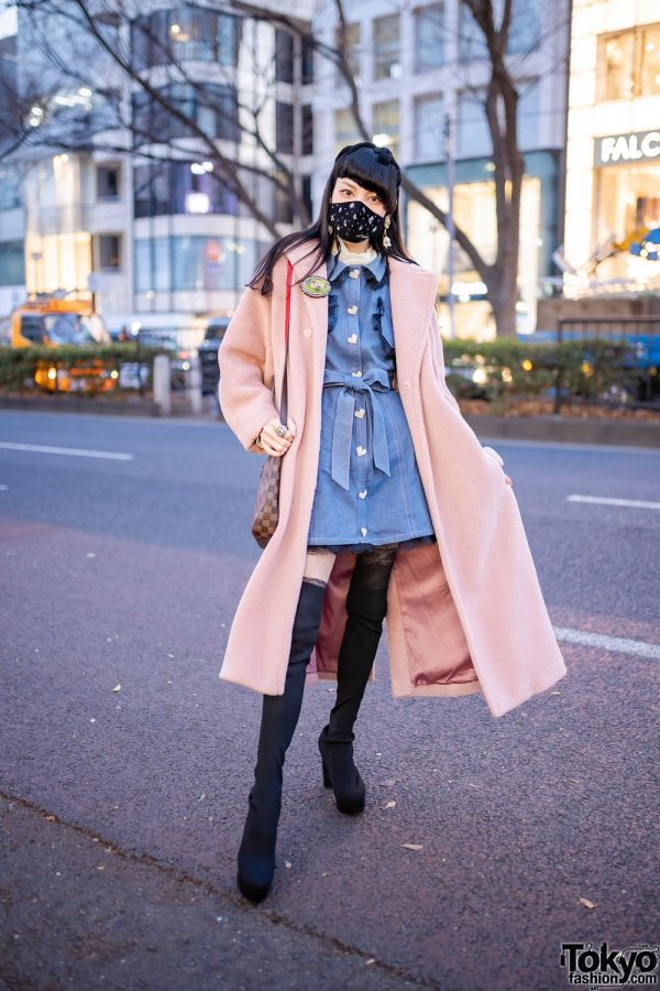 Harajuku Street Style w/ Asymmetric Bangs, Complex Biz Geometric Flower Drop Earrings, Rodeo Crowns Furry Coat, Swankiss Denim Dress, Louis Vuitton Bag & Spiral Girl Sock Boots
