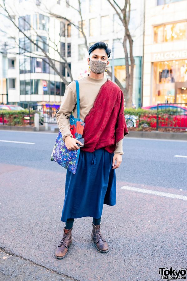 Tokyo Street Style w/ Plaid Mask, Shawl Over Sweater, Linen Skirt from Nepal, Painted Tote & Lace-Up Boots