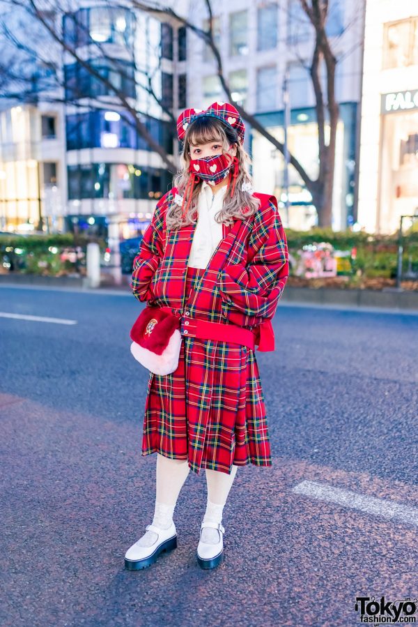 Plaid HEIHEI Japan Street Style w/ Red Eye Makeup, Heart-Shaped Beret, Plaid Mask, Bomber Jacket x Pleated Skirt Set, Furry Sling & Baby Doll Shoes