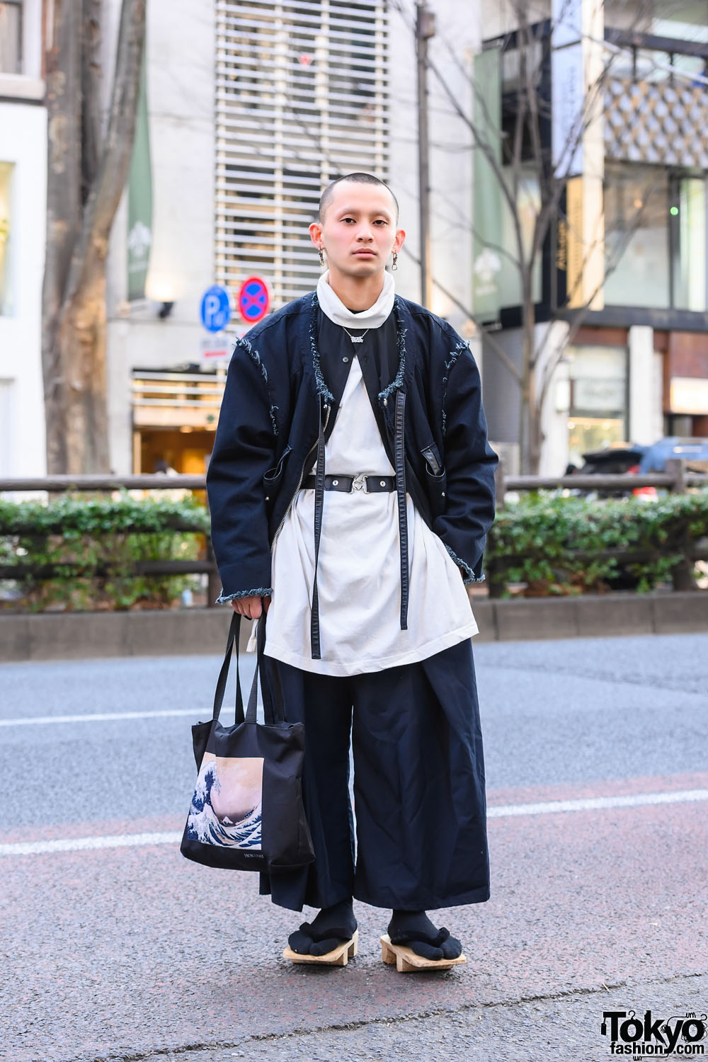 Not Conventional Harajuku Streetwear w/ Bucket Hat, Vintage Wide Leg Pants, The Great Wave Tote Bag, & Japanese Geta Sandals