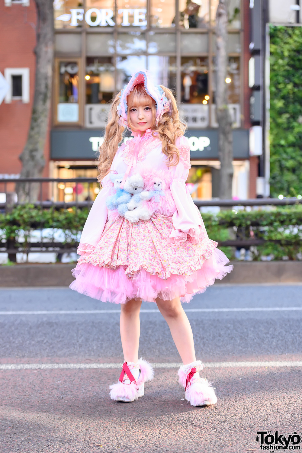 Japanese Cosplayer in Lolita Style w/ Teddy Bears Corset, Pink Tulle Dress & Furry Platform Shoes