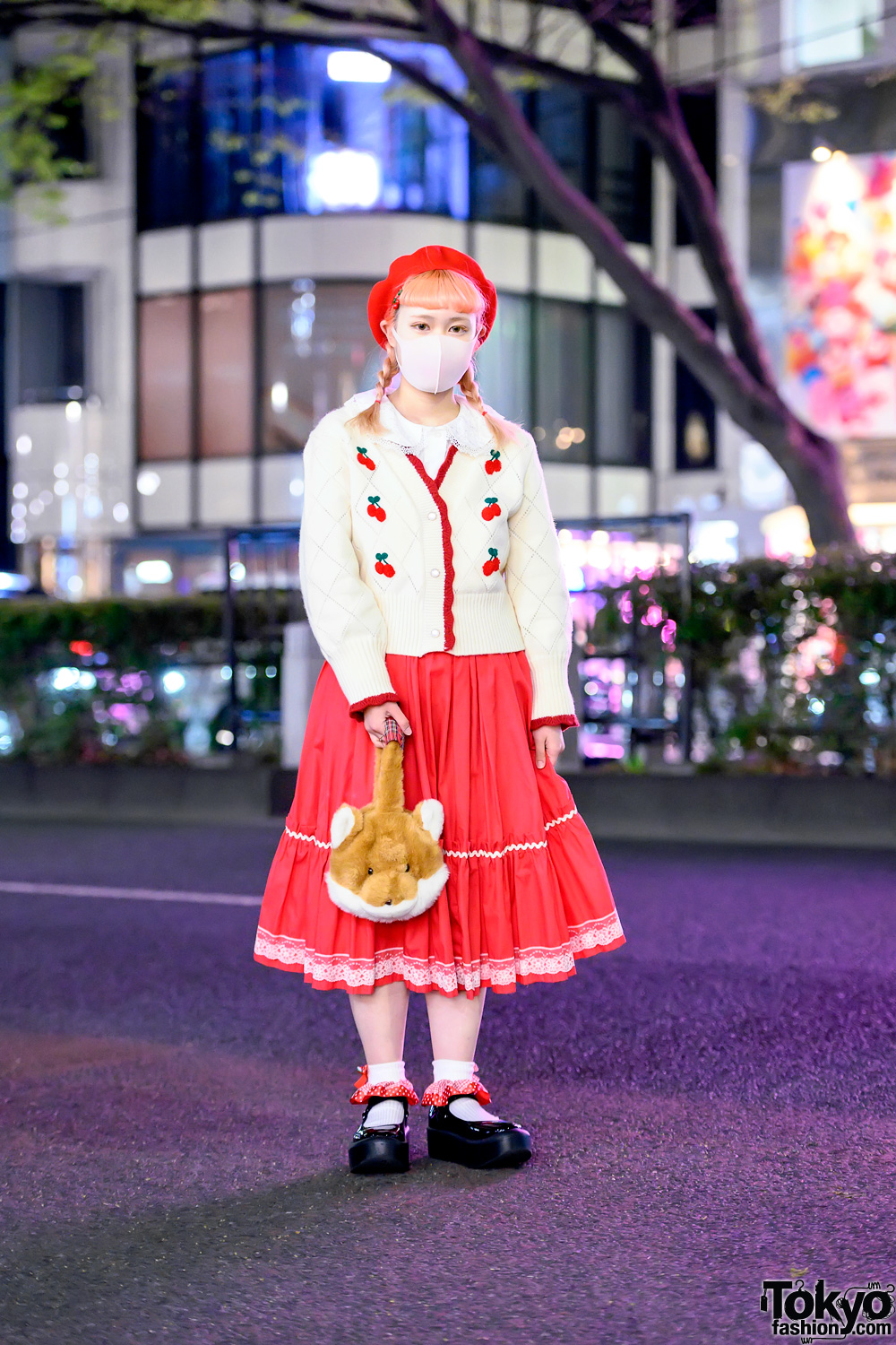 Kawaii Retro Harajuku Street Style w/ Pink Hair, Cherry Cardigan, Fox Bag, Kiki2 Midi Skirt & Tokyo Bopper