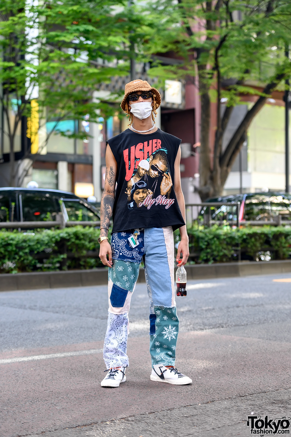 Harajuku Guy in Usher T-Shirt, Michael Jackson Tattoo, Jaded London  Patchwork Pants & ReadyMade x Nike – Tokyo Fashion