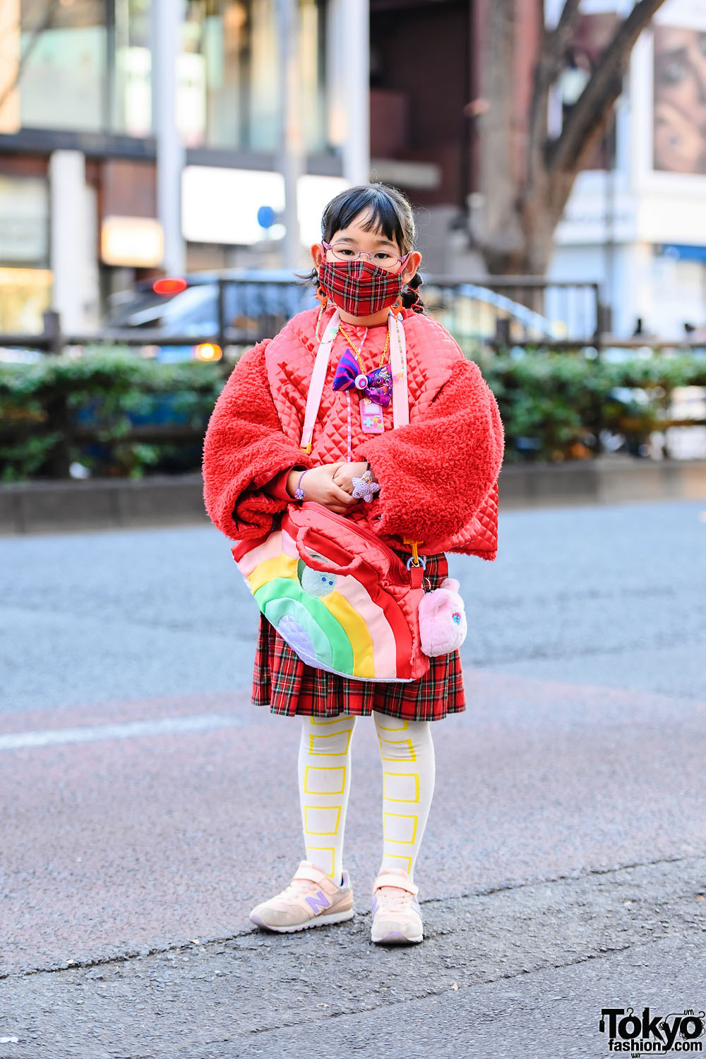 Handmade Harajuku Kids Fashion w/ Plaid Mask, Gameboy Pixel Bead Necklace, Quilted Sweater, Plaid Skirt, Franky Grow Sweatshirt, Rainbow Bag & New Balance Sneakers