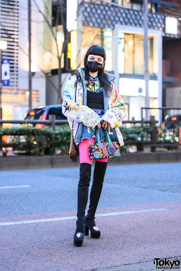 Japanese Student’s Street Style w/ Puma Face Mask, Clock Rings, Fleece Jacket, Denim Skort, Louis Vuitton, Twin Bee Patchwork Bag & Spiral Girl Thigh Boots