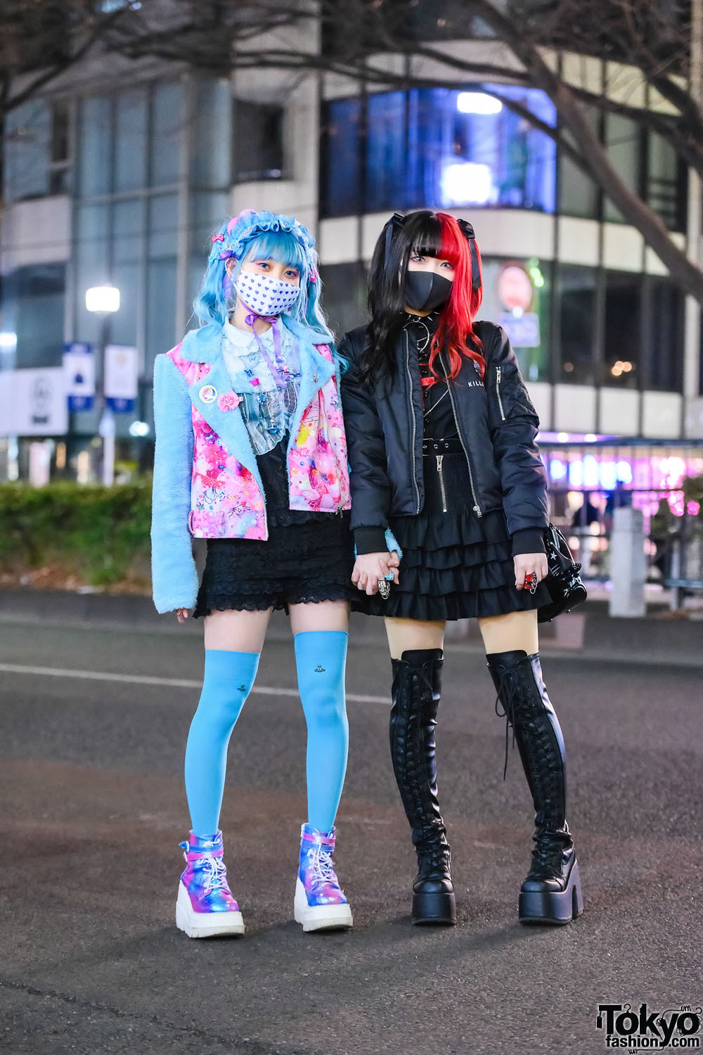 Tokyo Girls Street Styles w/ Blue Twin Tails, Two-Tone Hair, 6%DOKIDOKI Kawaii Furry Jacket, Killstar Spooky Tunes Bomber Jacket, Algonquins, Vivienne Westwood, Meimmeim, Katie, Brindle, Glavil, Morph8ne & Demonia Boots