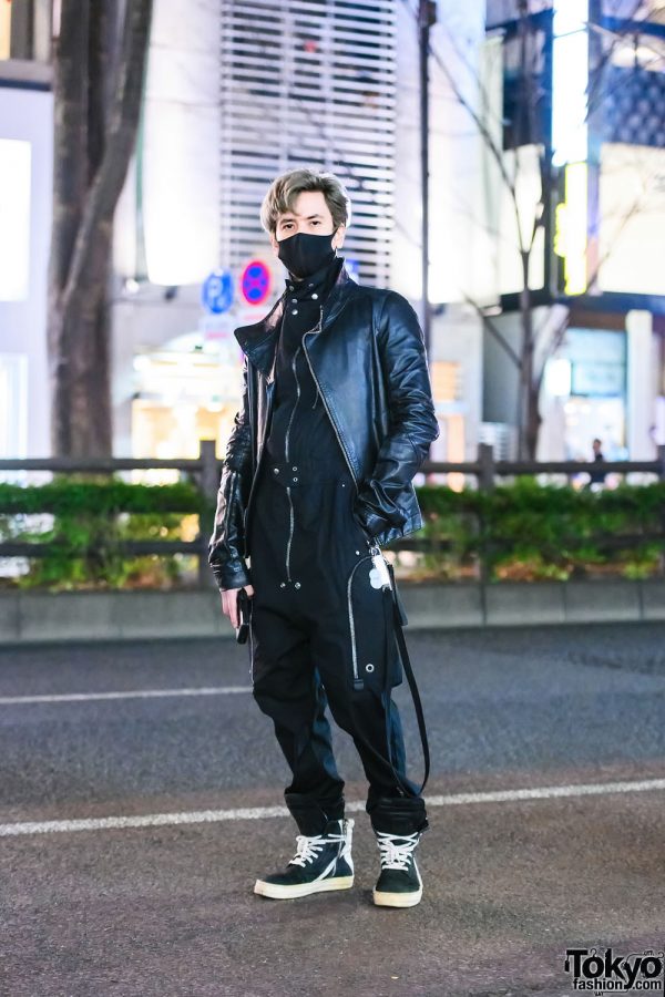 All Black Rick Owens Harajuku Street Style w/ Black Jumpsuit, Zippered Leather Jacket, Keychain Wallet & High-Top Sneakers