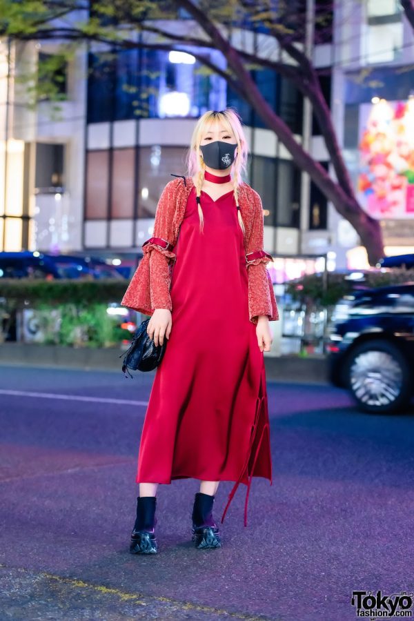 Japanese Fashion Designer in aNANA Tih Sayim Flare Sleeve Dress & Vintage Bag in Harajuku