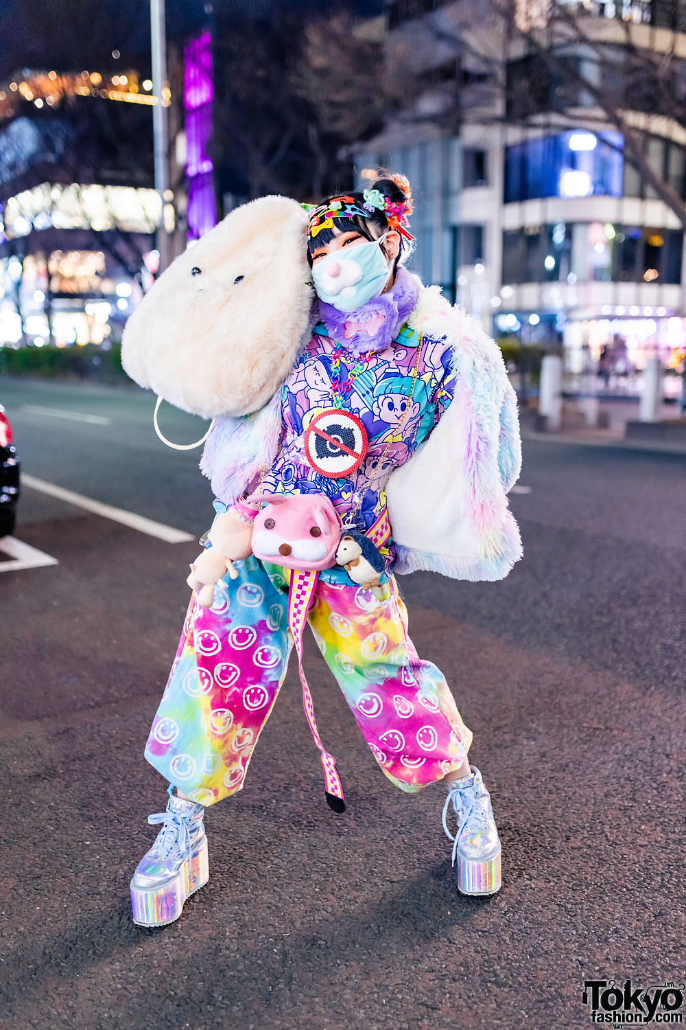 ACDC Rag Furry Pastel Jacket in Harajuku w/ Twin Buns, Rabbit Mask, Plushies, No Camera Perler Bead Necklace, Kawaii Print T-Shirt, EL Rodeo Smiley Pants, Daiso & Metallic Platform Sneakers