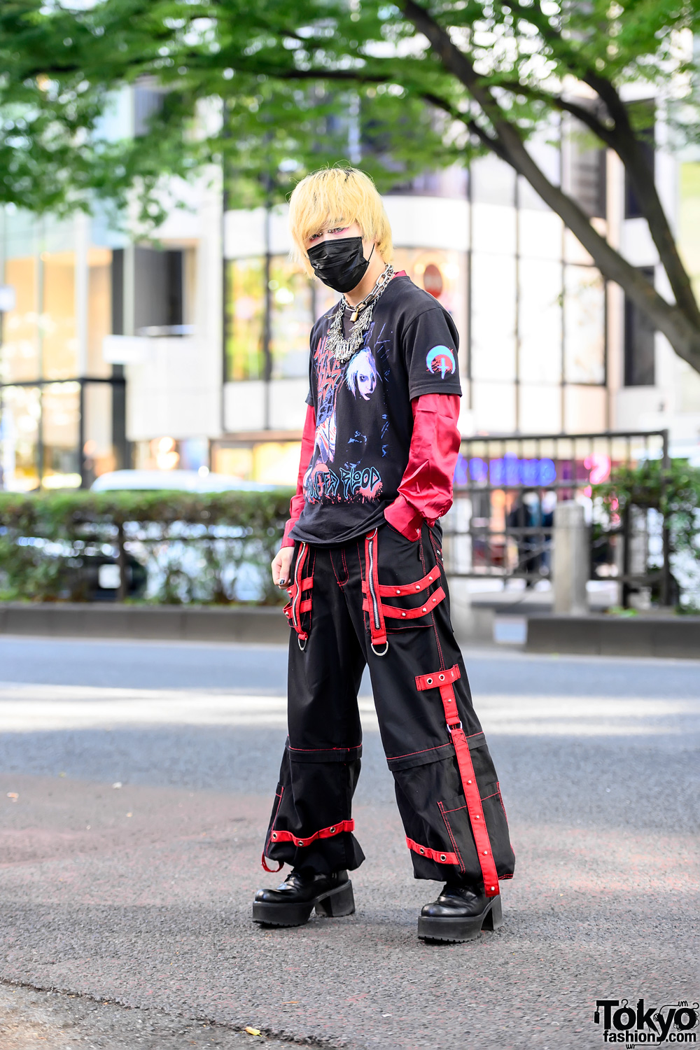 Alice Glass T-Shirt Street Style in Harajuku w/ Tripp NYC Strap Pants, Handmade Safety Pins Necklace, and Civarize Boots