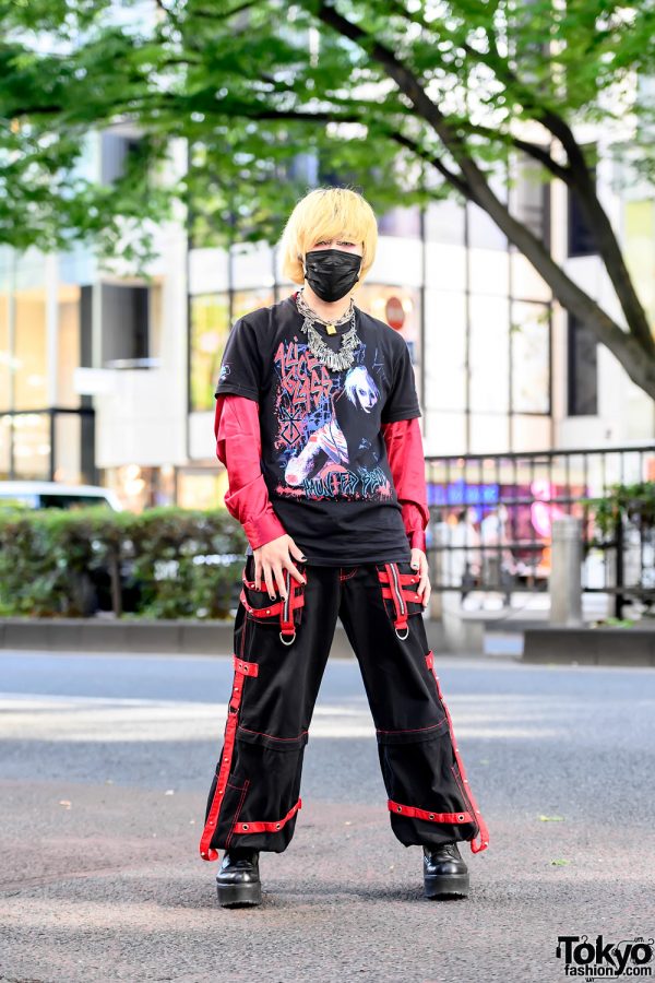 Alice Glass T-Shirt Street Style in Harajuku w/ Tripp NYC Strap Pants, Handmade Safety Pins Necklace, and Civarize Boots