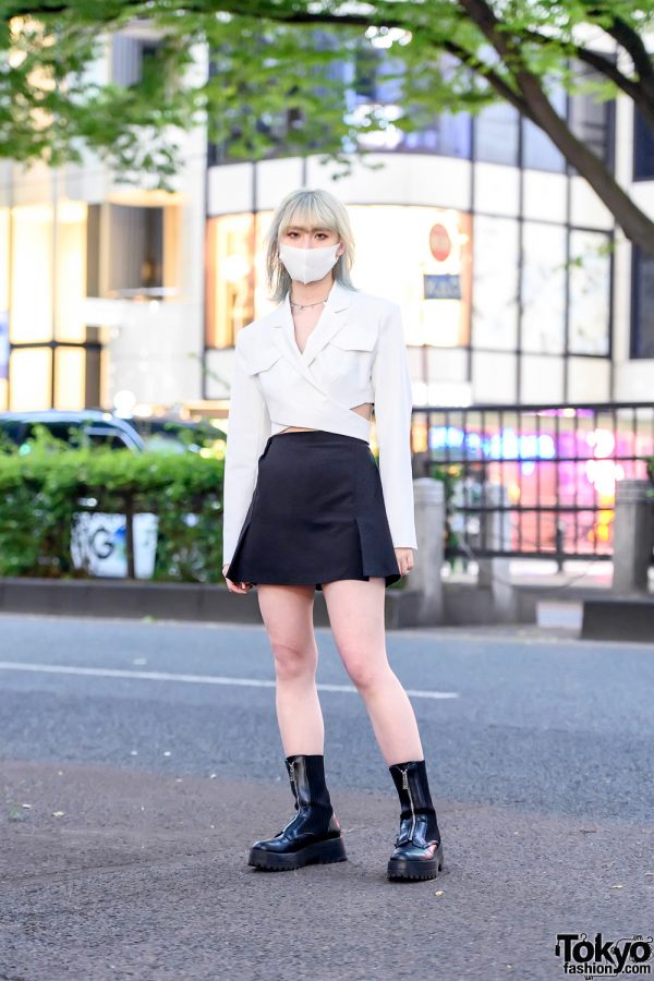 Harajuku Girl w/ Silver Hair in Cropped Wrap Bershka Blazer, Mini Skirt & Zipper Boots