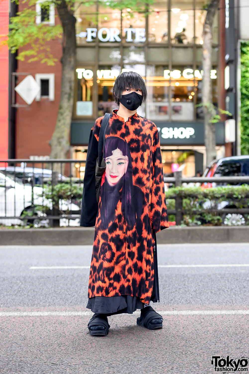Yohji Yamamoto Japanese Street Style in Harajuku w/ Long Shirt, HA/ZA/MA Pants, S'yte Face Mask, Comme Des Garcons & Y3 Platform Sandals
