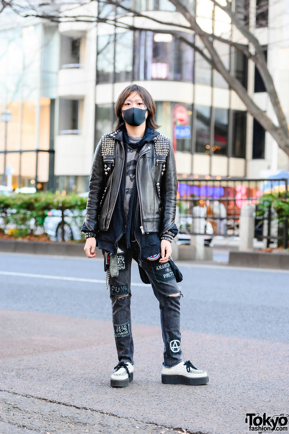 Tokyo Punk Streetwear Style w/ Chaos Spiked Bracelets, Tokyo Human Experiments, Cyberdyne Biker Jacket, Undercover, Remake Patch Jeans & Demonia Creepers
