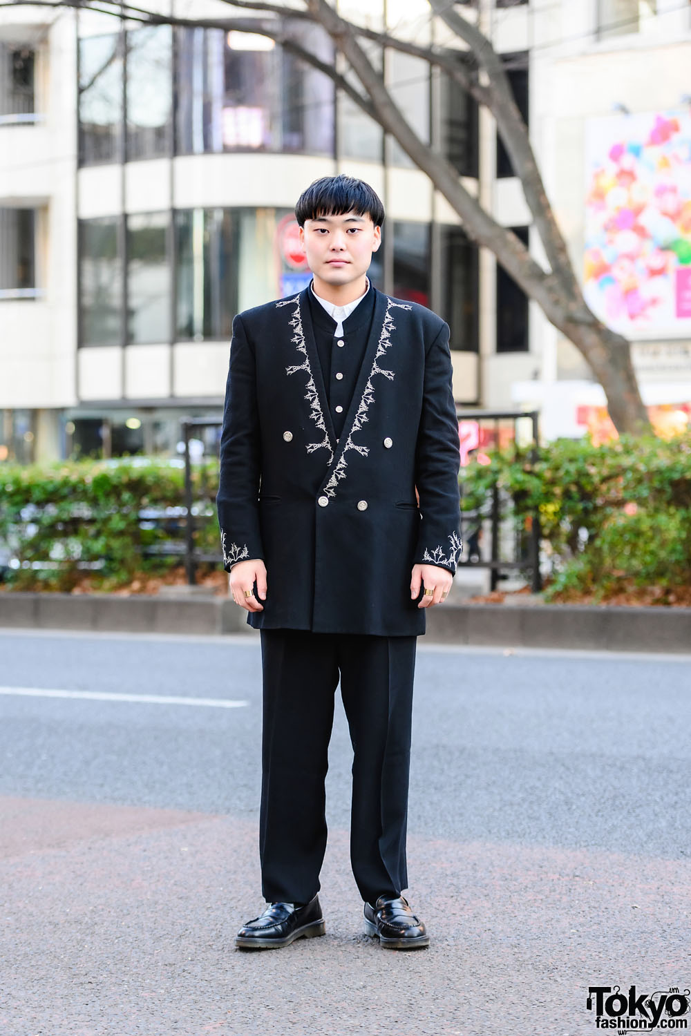 Tokyo Vintage Menswear Street Style w/ Collarless Double-Breasted Blazer, Mandarin Collar Vest, Dress Pants, Maison Margiela Rings & Penny Loafers