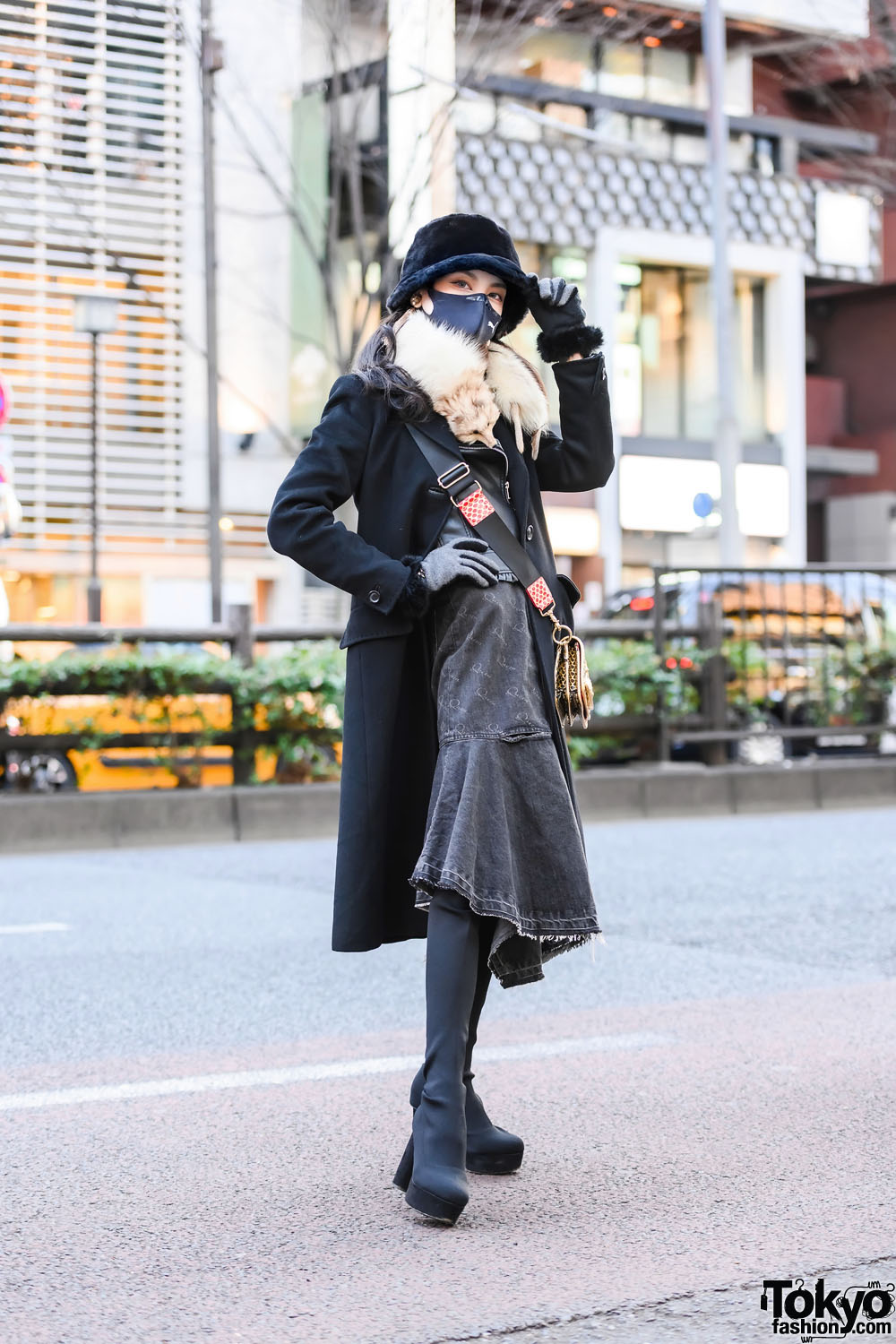 Harajuku Girl w/ Nice Claup Bucket Hat, Sportmax Coat, Zara Biker Jacket, Snidel Denim Dress, Vivienne Westwood Crossbody Bag & Spiral Girl Thigh-High Boots
