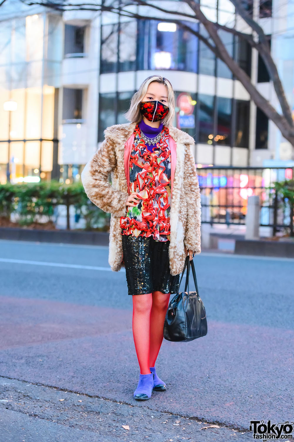 Fawn Faux Fur Jacket w/ Resale Mouse Ruffle Blouse, Sequin Skirt, Vivienne Westwood Bag, Statement Accessories, Red Fishnet Stockings & Diana Cap Toe Ankle Boots